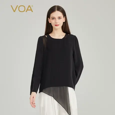 VOA30姆米重磅桑蚕丝黑色圆领长袖撞料乔其活页直筒简约真丝T恤衫图片
