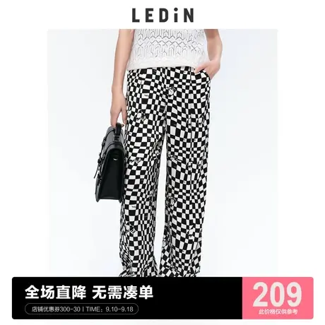 乐町高腰棋盘格休闲裤女宽松阔腿拖地裤潮C1GBC2105商品大图