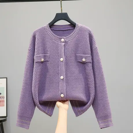 22137新款韩版宽松圆领针织衫开衫外套女士针织衫毛衣上衣长袖商品大图