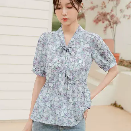 桔熊春夏季韩版浪漫玫瑰印花绑带领收腰中长款上衣女大码AB16833商品大图