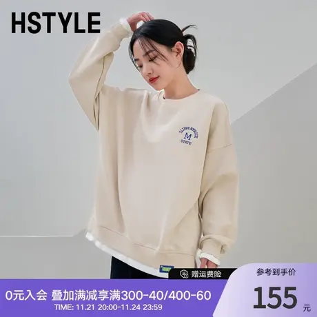 韩都衣舍2024春季新款女韩版宽松假两件拼接长袖套头卫衣NFD0204商品大图