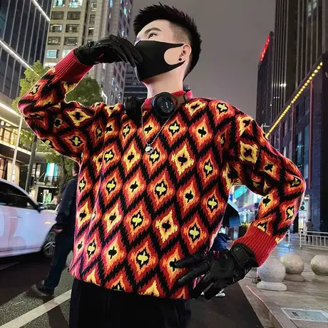 冬款民族风个性菱格提花毛衣男拼色高级感保暖加厚毛线针织打底衫商品大图