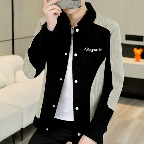 韩版高级感撞色外套男痞帅翻领秋装褂子上衣青年秋季潮流休闲夹克图片