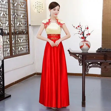 礼仪旗袍迎宾礼服长款红绿青花瓷酒店学生礼仪服装年会迎宾礼服新图片
