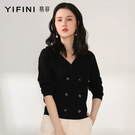 Yifini/易菲短款针织外套女秋新款长袖薄款空调衫黑色V领开衫商品大图