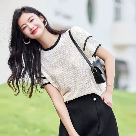 时尚短袖针织衫2023年夏季新款女士气质简约宽松圆领显瘦通勤上衣商品大图