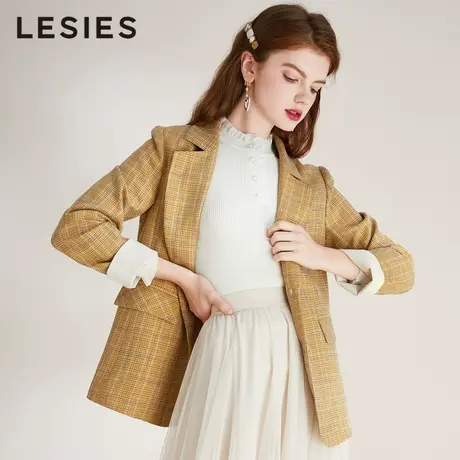 LESIES蓝色倾情春秋装新格子气质通勤OL小西装外套淑女百褶裙图片
