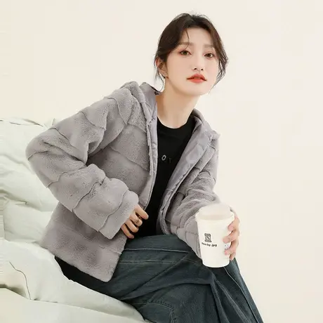 韩潮袭人高级感连帽仿水貂毛短外套女2023冬季新款休闲皮草上衣图片