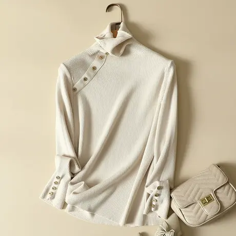 秋冬2023新款堆堆高领毛衣女纽扣韩版修身显瘦针织打底衫女士上衣商品大图
