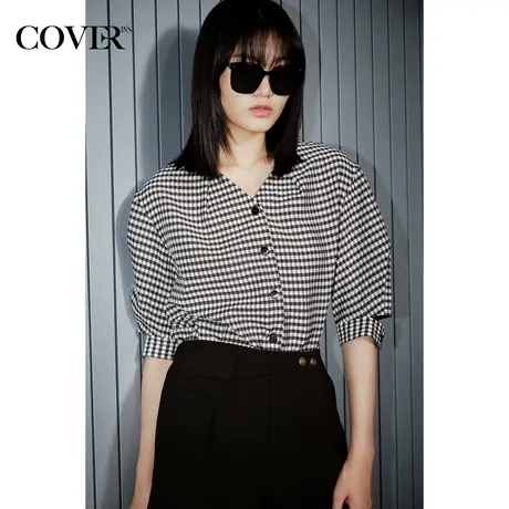 COVER夏季格子倒褶五分灯笼袖衬衫图片