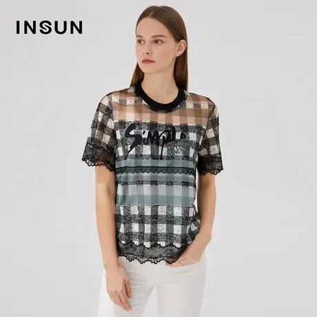 恩裳夏季格纹薄款蕾丝衫短袖商品大图