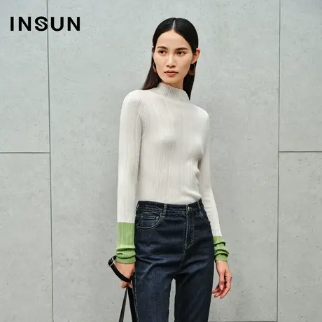 INSUN恩裳线上专选秋季美丽诺可机洗半高领羊毛针织衫图片