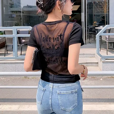 欧货性感网纱拼接T恤女夏季镂空心机露背上衣夜店风短款修身小衫图片