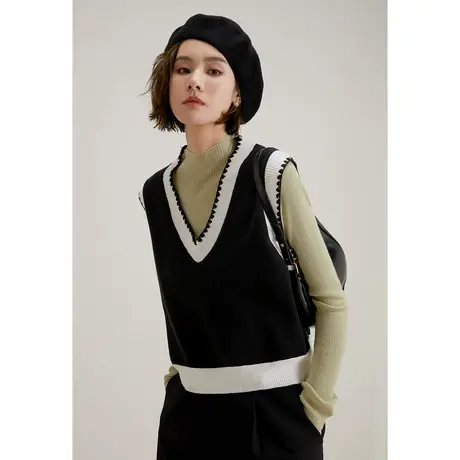 弥古撞色v领针织马甲女春秋外穿内搭毛衣背心宽松叠穿小坎肩马夹商品大图