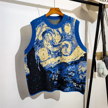 梵高油画针织马甲女秋冬新款复古文艺无袖坎肩毛衣背心外穿学院风商品大图