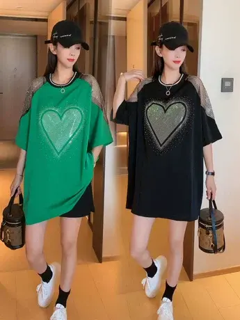 爆款重工烫钻爱心肩部镂空微胖遮肉韩版圆领休闲时尚中长款短袖T商品大图