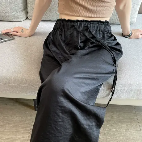 黑色冰丝高腰阔腿裤女夏季薄款2023休闲裤高级感宽松直筒拖地裤子商品大图