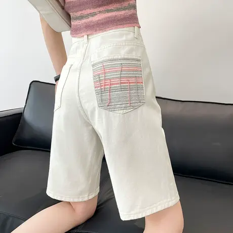 白色牛仔五分短裤女夏季薄款宽松休闲高腰刺绣直筒阔腿5分中裤子商品大图