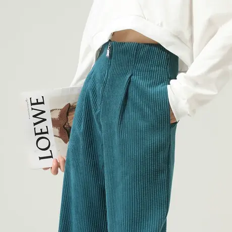 高腰窄版灯芯绒阔腿裤女秋冬2024新款加绒裤子冬季女裤条绒直筒裤商品大图