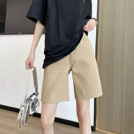 卡其色牛仔短裤女五分夏季薄款高腰a字直筒宽松显瘦小个子中裤潮商品大图