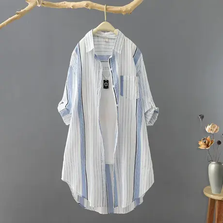 夏季薄款长袖衬衫女韩范条纹上衣新品中长款连帽开衫印花衬衣外套图片