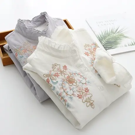 韩范绣花加绒白衬衫女长袖冬装新款加厚刺绣花边立领打底保暖上衣商品大图