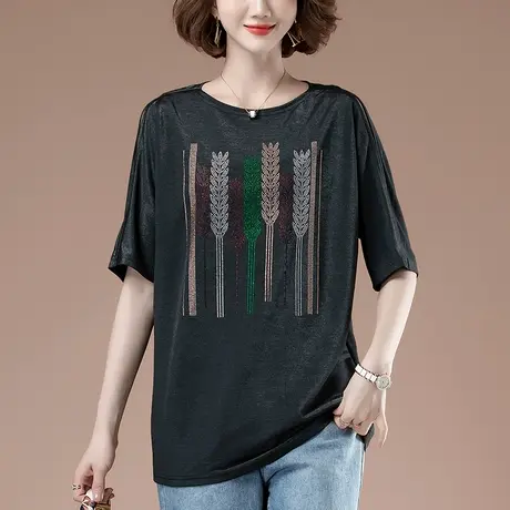 短袖t恤女夏季加肥加大码女装宽松百搭休闲洋气烫钻显瘦半袖体恤商品大图