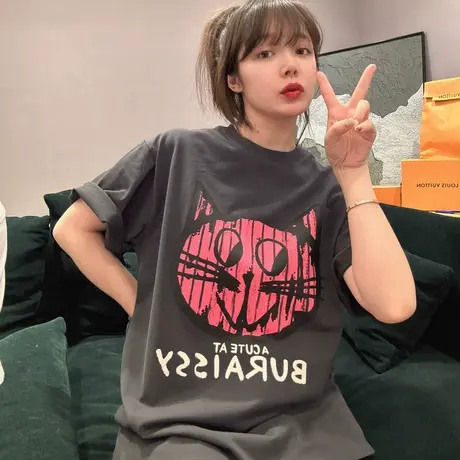 美式复古纯棉正肩短袖t恤女夏季宽松潮牌ins设计感小众半袖上衣服图片