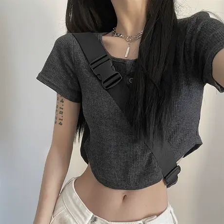 T恤女装春季薄款v领短款紧身高腰露脐修身显瘦打底衫辣妹短袖上衣商品大图