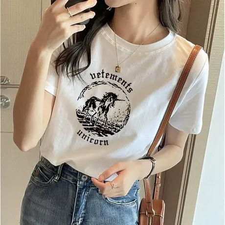美式复古t恤短袖女2023新款夏季纯棉宽松印花白色打底上衣体恤ins图片