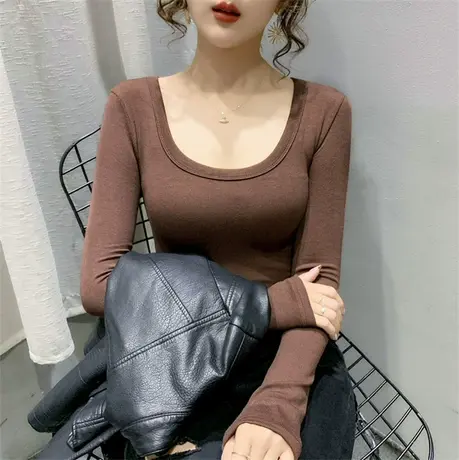 螺纹打底衫女长袖纯色t恤内搭修身低领上衣2022秋冬新款时尚U领商品大图
