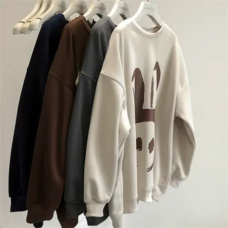 舒适且慵懒！新款秋冬加绒杏色圆领上衣女设计感宽松百搭加厚卫衣商品大图