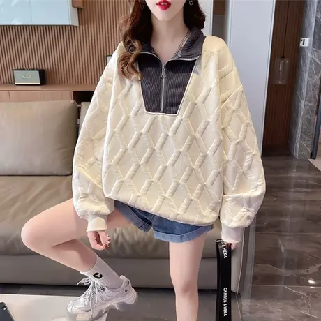 小个子翻领polo衫卫衣女春秋季韩版宽松华夫格薄款拼色上衣外套潮图片