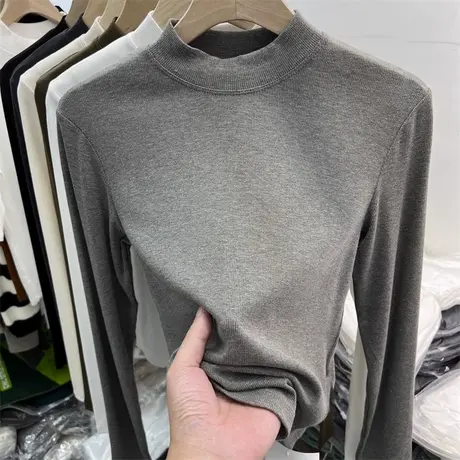 小个子短款半高领长袖T恤女春秋2023新款修身显瘦内搭打底衫上衣商品大图