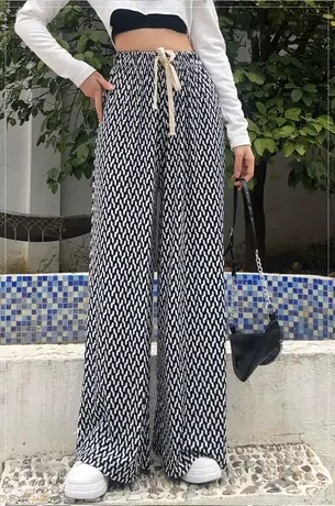冰丝运动阔腿裤女高腰垂感春秋2024年新款夏季宽松直筒格子休闲裤商品大图