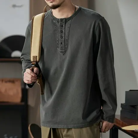 百搭秋季男装精梳针织全棉春秋耐磨颜色丰满潮流长袖T恤男商品大图