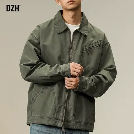 男士军绿色工装翻领外套男秋季潮高级感2024新款美式复古夹克男款商品大图