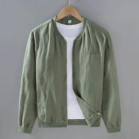 亚麻夹克男宽松休闲长袖百搭男士棒球服外套春秋上衣立领衬衣潮流商品大图