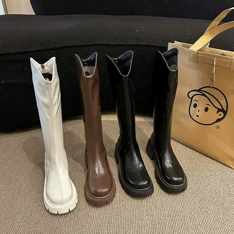 V口长筒靴女2023新款厚底小个子不过膝骑士靴黑色显瘦帅气高筒靴商品大图