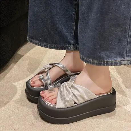 银色套趾凉鞋拖鞋女夏外穿松糕厚底增高沙滩水钻罗马夹脚高跟凉拖商品大图