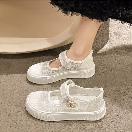 玛丽珍饼干底网鞋2024年夏季新款女鞋水钻平底娃娃头休闲蕾丝板鞋商品大图