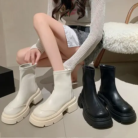 厚底马丁靴女款2023新款春秋季短筒英伦风靴子法式配裙子瘦瘦短靴图片