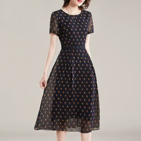 【1件7.9折】夏季新品简约显瘦雪纺裙柔软舒适百搭花色短袖连衣裙商品大图