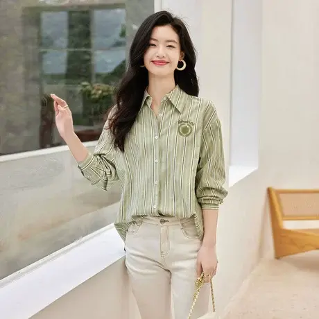 时尚气质百搭条纹衬衫2023年春季新款淑女温柔宽松显瘦通勤上衣商品大图