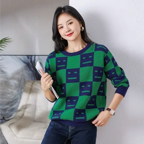 2024年春秋装新款大码胖mm慵懒风休闲套头格子毛衣女宽松长袖上衣图片