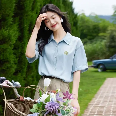 时尚气质天丝牛仔短袖衬衫2023年夏季新款女温柔翻领宽松显瘦上衣商品大图