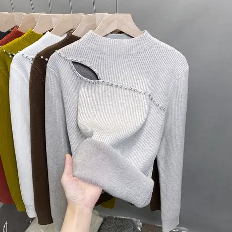一体绒半高领毛衣女加绒厚打底衫2023秋冬新款镂空针织衫内搭上衣图片
