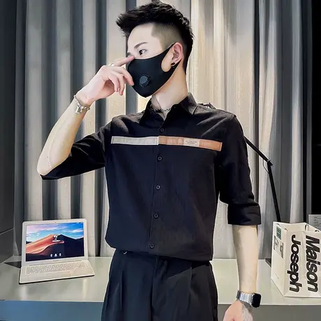 高级感撞色条纹衬衫短袖修身薄款衬衣夏季潮流痞帅七分袖休闲半袖商品大图