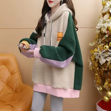 加绒加厚连帽卫衣女2024新款早春季宽松慵懒风欧版大码羊羔毛外套图片