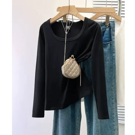 法式方领长袖t恤女装秋冬2023新款黑色内搭简约打底衫修身上衣潮商品大图